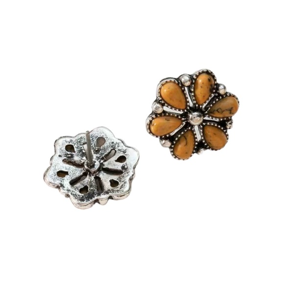 Yellow Turquoise and Silver Flower Stud Earrings - Picture 4 of 5
